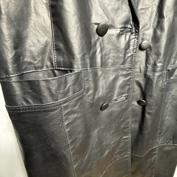 Vintage Long Black Leather Coat Women's Size L Double Breasted Patchwork Style - Picture 4 of 11